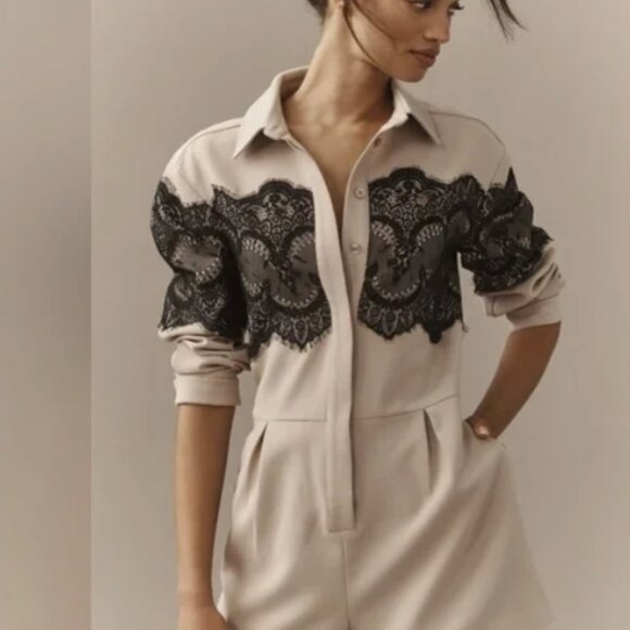 Anthropologie Pants - Anthropologie Long Sleeve Beige Playsuit Romper Women's Size Small Lace Accents